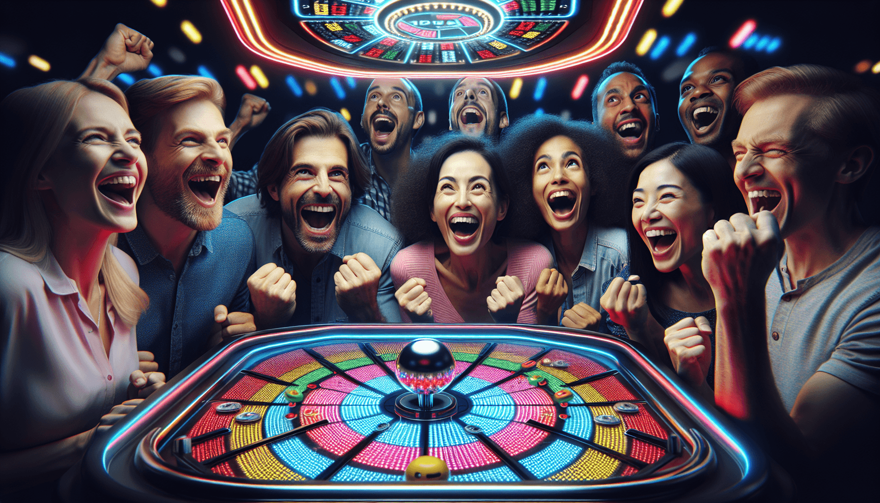 Players around Plinko board